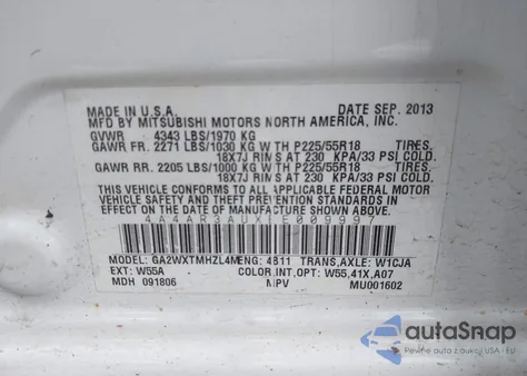 2014 Mitsubishi Outlander Sport Es z USA, uszkodzony, nr VIN 4A4AR3AUXEE009997